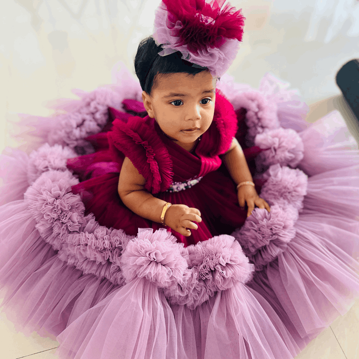 Grapevine & Pastel Pink Pleated Heavy Ruffles Birthday Frock
