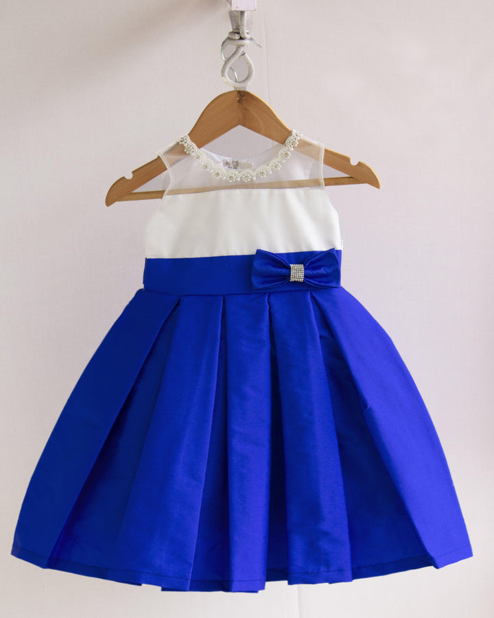 Royalblue & White Combo Baby-Girls Box Pleated Tafetta Silk Handwork F