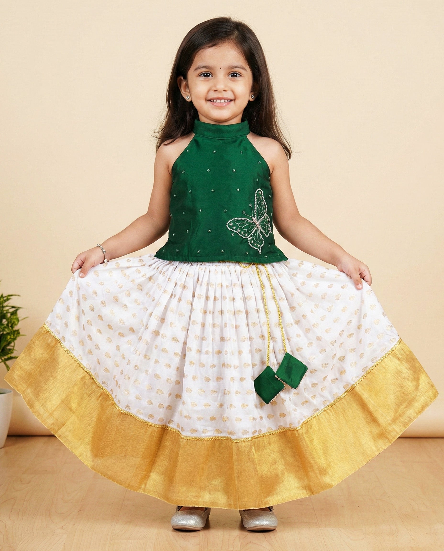 Baby Girls Birthday Dress – Kerala Kasavu Bottle Green Lehenga