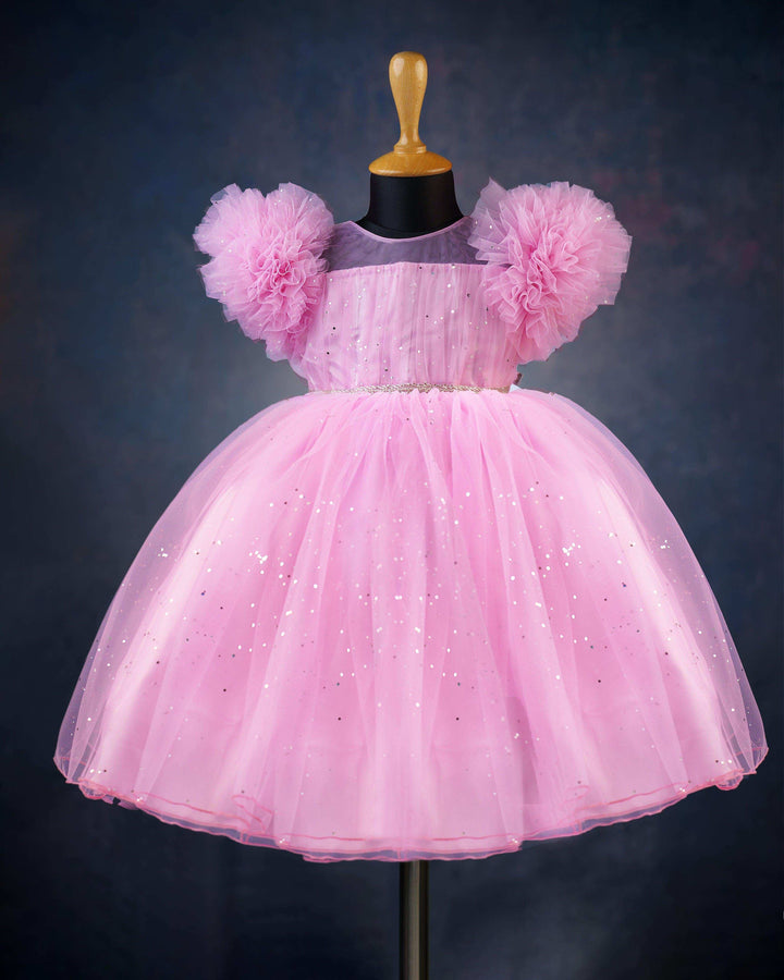 Baby Pink Glitter Baby-Girls Party Perfect Birthday Frock
Material Baby pink shade glitter party perfect frock is made with soft nylon net fabric. The yoke portion of the frock is designed in transparent neck with pleated