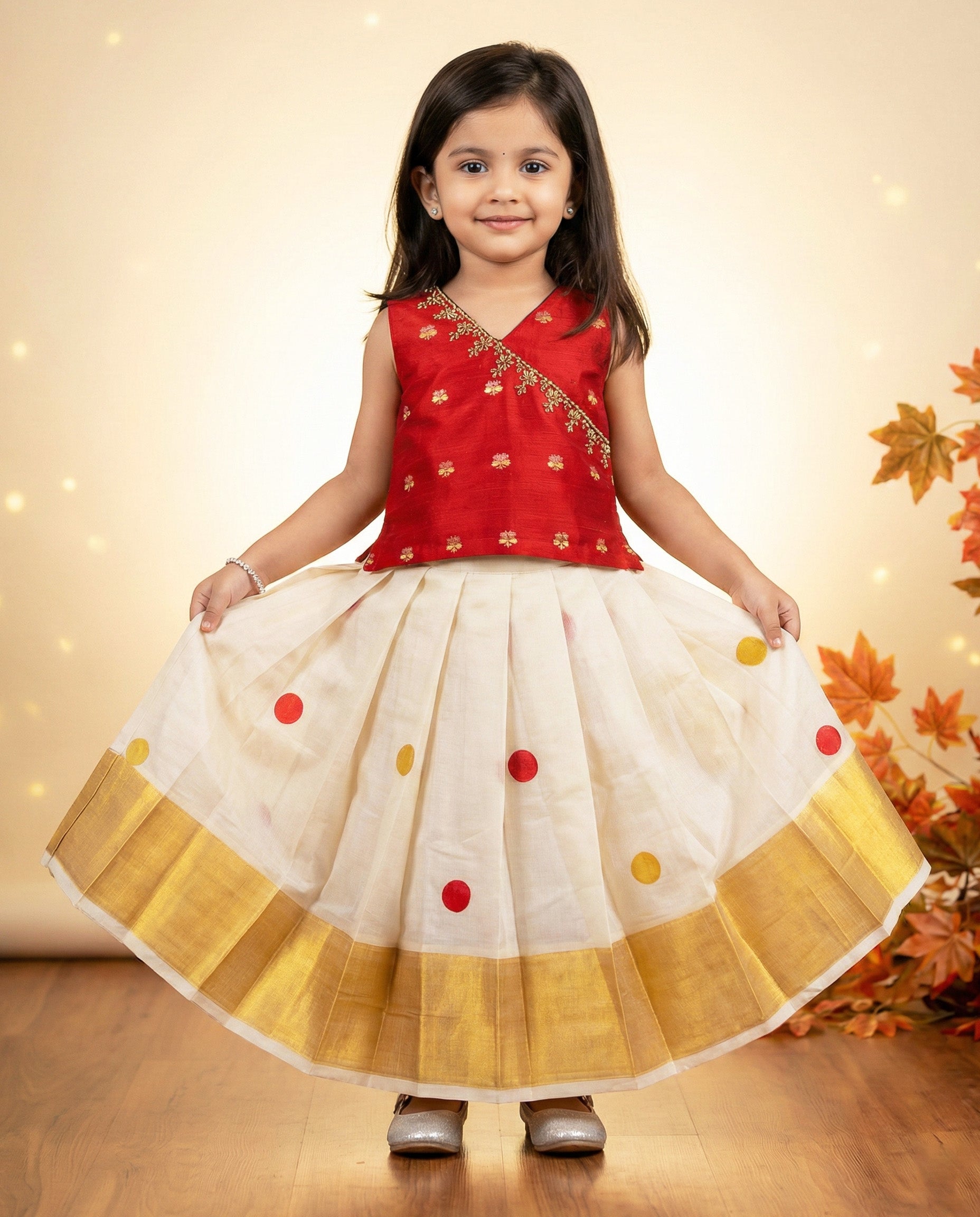 Cream Maroon Kasavu Lehenga – Kerala Handwork Outfit – Stanwells Kids
