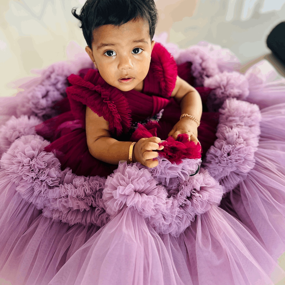Grapevine & Pastel Pink Pleated Heavy Ruffles Birthday Frock