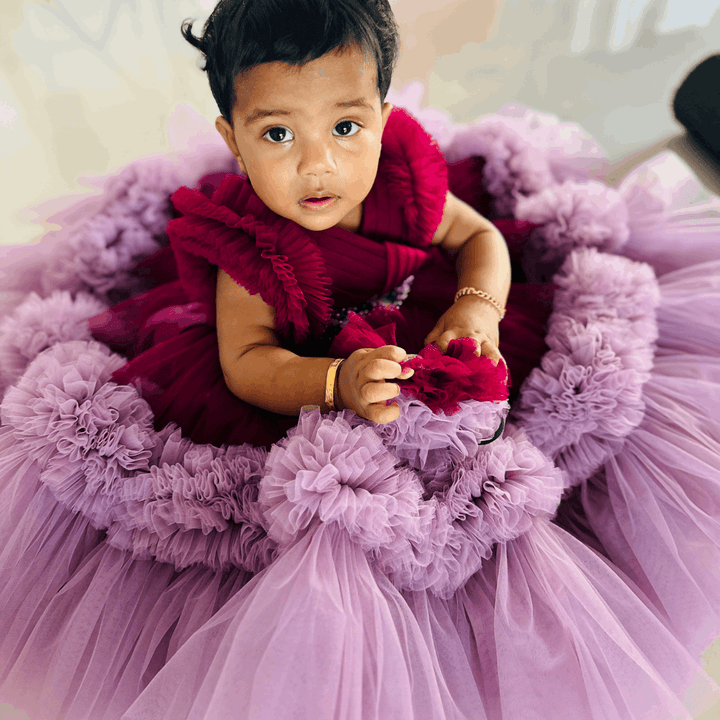 Grapevine & Pastel Pink Pleated Heavy Ruffles Birthday Frock