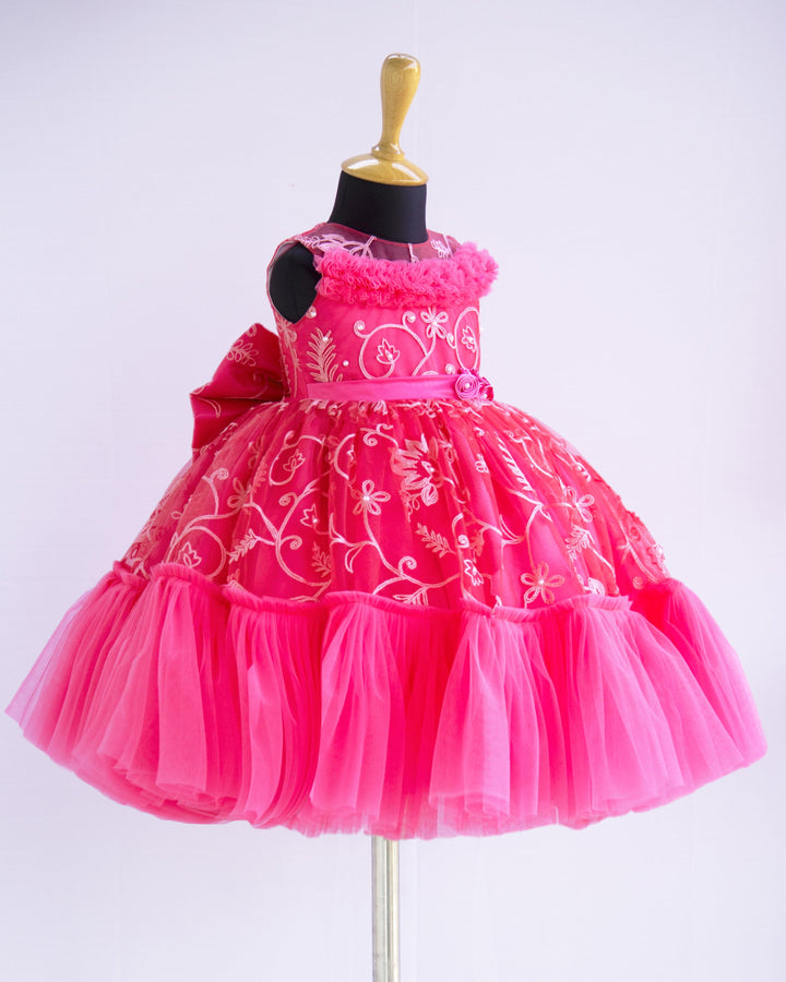 Peach Shade Thread Embroidery Ruffles Partywear Flower Frock
Material: Bright peach thread embroidery party wear flower frock is made with soft nylon net fabric. The yoke portion of the frock is fully completed in a ruffled p