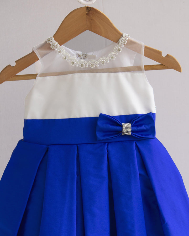 Royalblue & White Combo Baby-Girls Box Pleated Tafetta Silk Handwork F