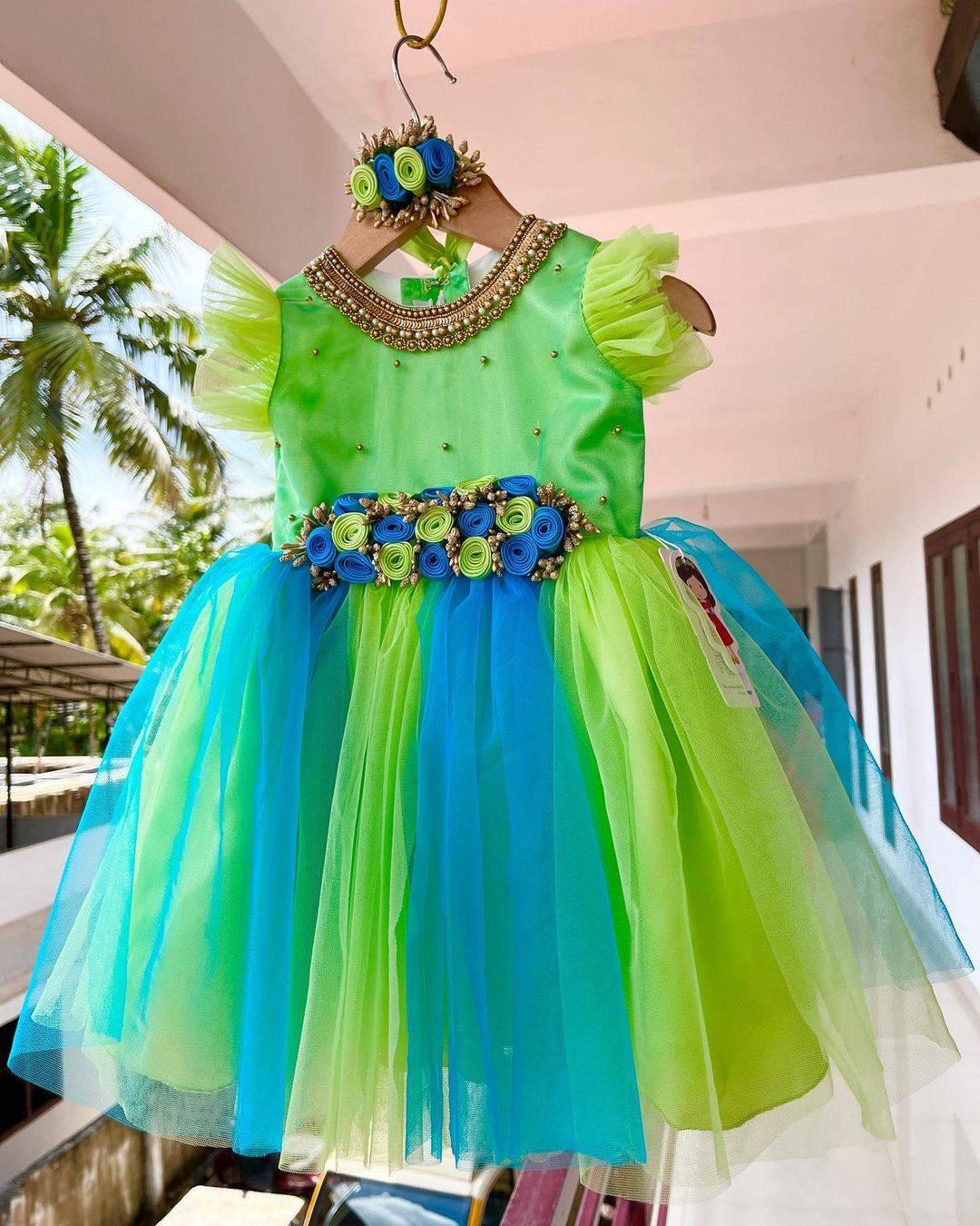 Pistagreen Skyblue Baby Girls Birthday Dress - Handwork Flower Party Frock
