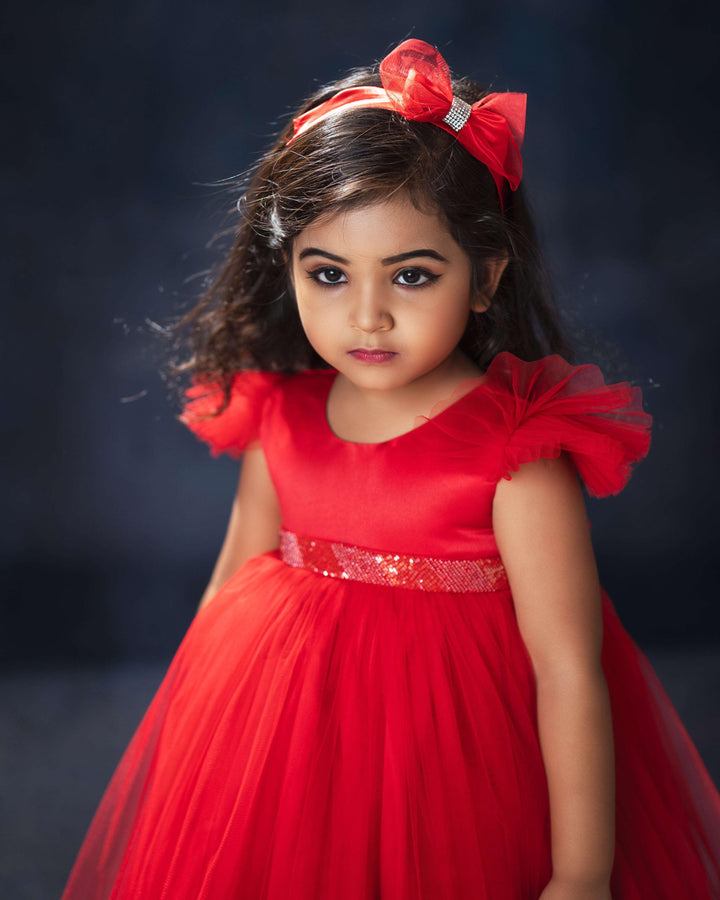 Bold Elegance - Red Shade Party Perfect Pleated Ruffles Long Gown