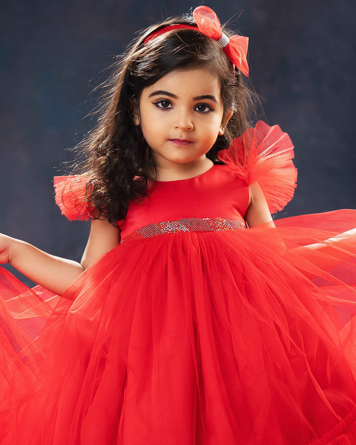 Bold Elegance - Red Shade Party Perfect Pleated Ruffles Long Gown