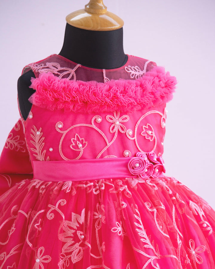 Peach Shade Thread Embroidery Ruffles Partywear Flower Frock
Material: Bright peach thread embroidery party wear flower frock is made with soft nylon net fabric. The yoke portion of the frock is fully completed in a ruffled p