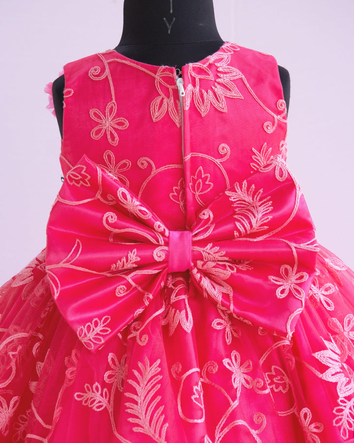 Peach Shade Thread Embroidery Ruffles Partywear Flower Frock
Material: Bright peach thread embroidery party wear flower frock is made with soft nylon net fabric. The yoke portion of the frock is fully completed in a ruffled p