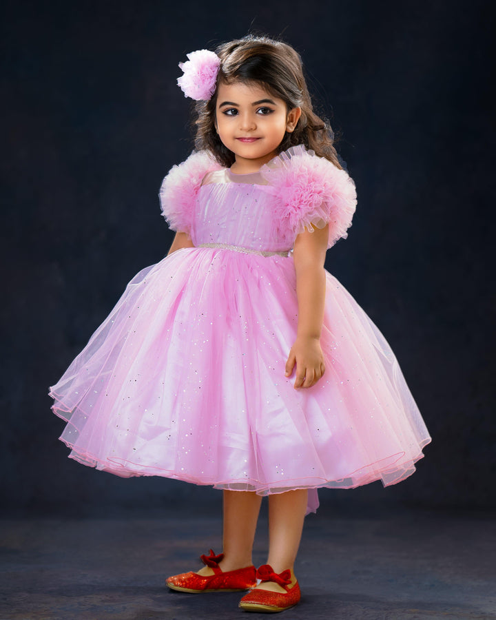 Baby Pink Glitter Baby-Girls Party Perfect Birthday Frock
Material Baby pink shade glitter party perfect frock is made with soft nylon net fabric. The yoke portion of the frock is designed in transparent neck with pleated