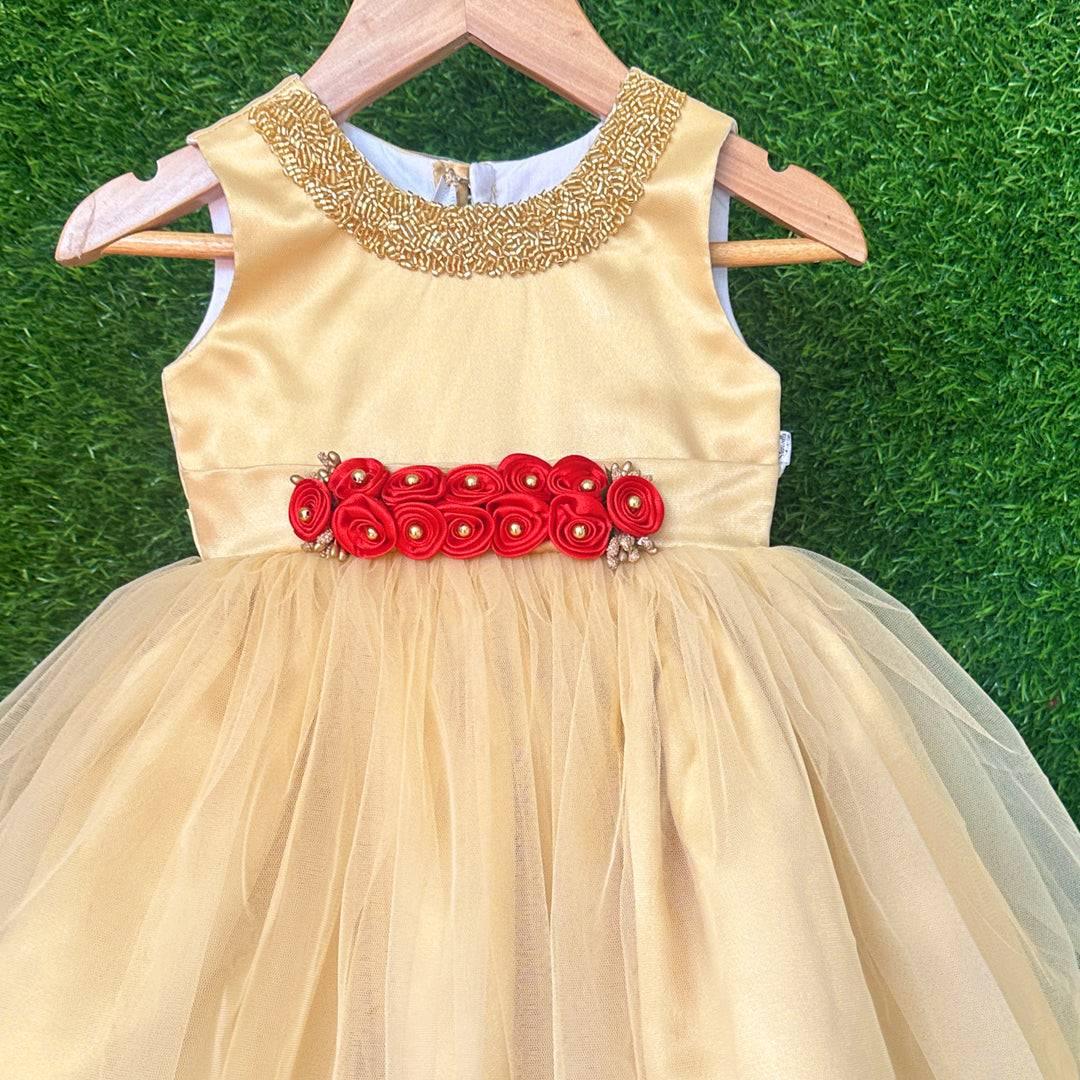 Golden Shade Handwork Baby-Girls Partywear Flower Frock
Material : Golden shade handwork party wear birthday flower frock is made with soft nylon net fabric. The yoke portion of the frock is designed in a simple look wit