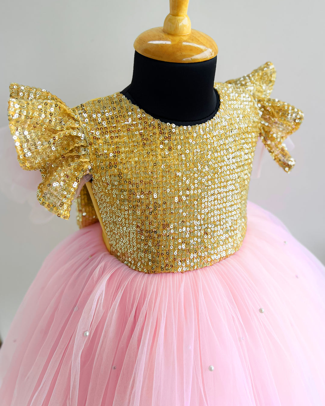 Baby pink birthday dress for girls, golden sequins frock, designer kids party wear, baby girl birthday outfit