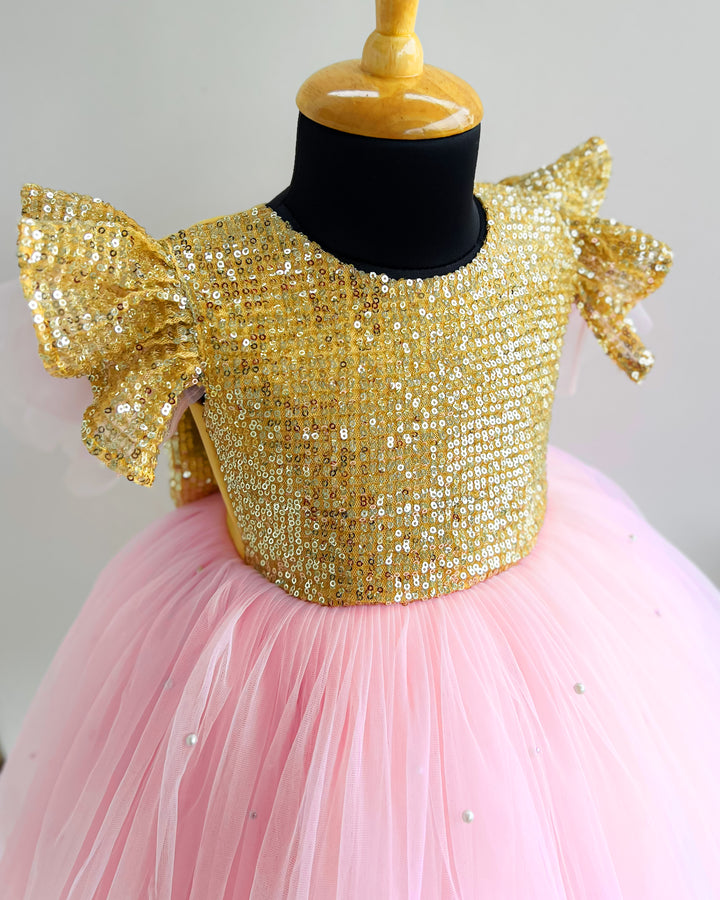 Baby pink birthday dress for girls, golden sequins frock, designer kids party wear, baby girl birthday outfit