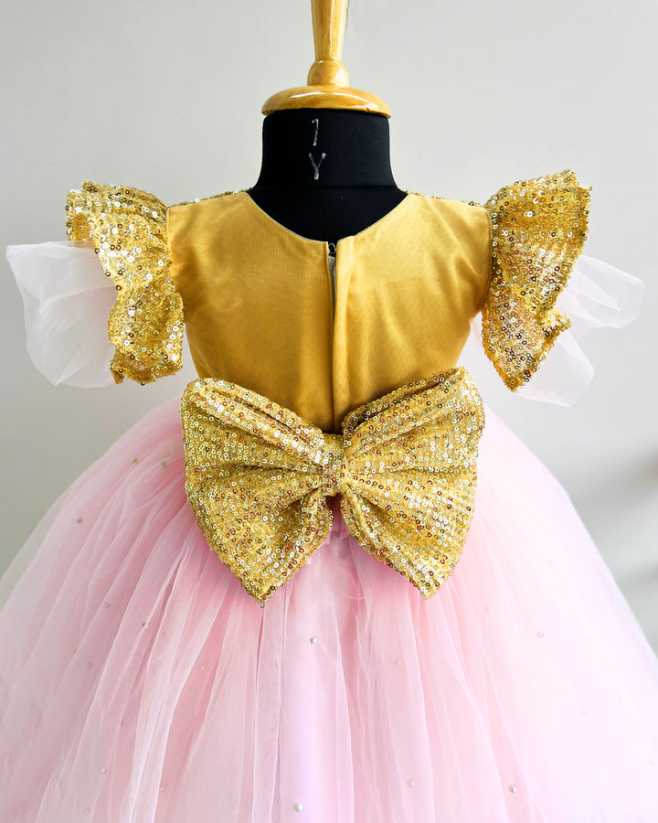 Baby pink birthday dress for girls, golden sequins frock, designer kids party wear, baby girl birthday outfit