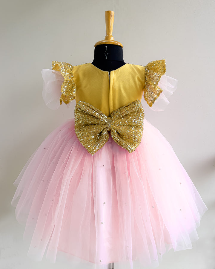 Baby pink birthday dress for girls, golden sequins frock, designer kids party wear, baby girl birthday outfit