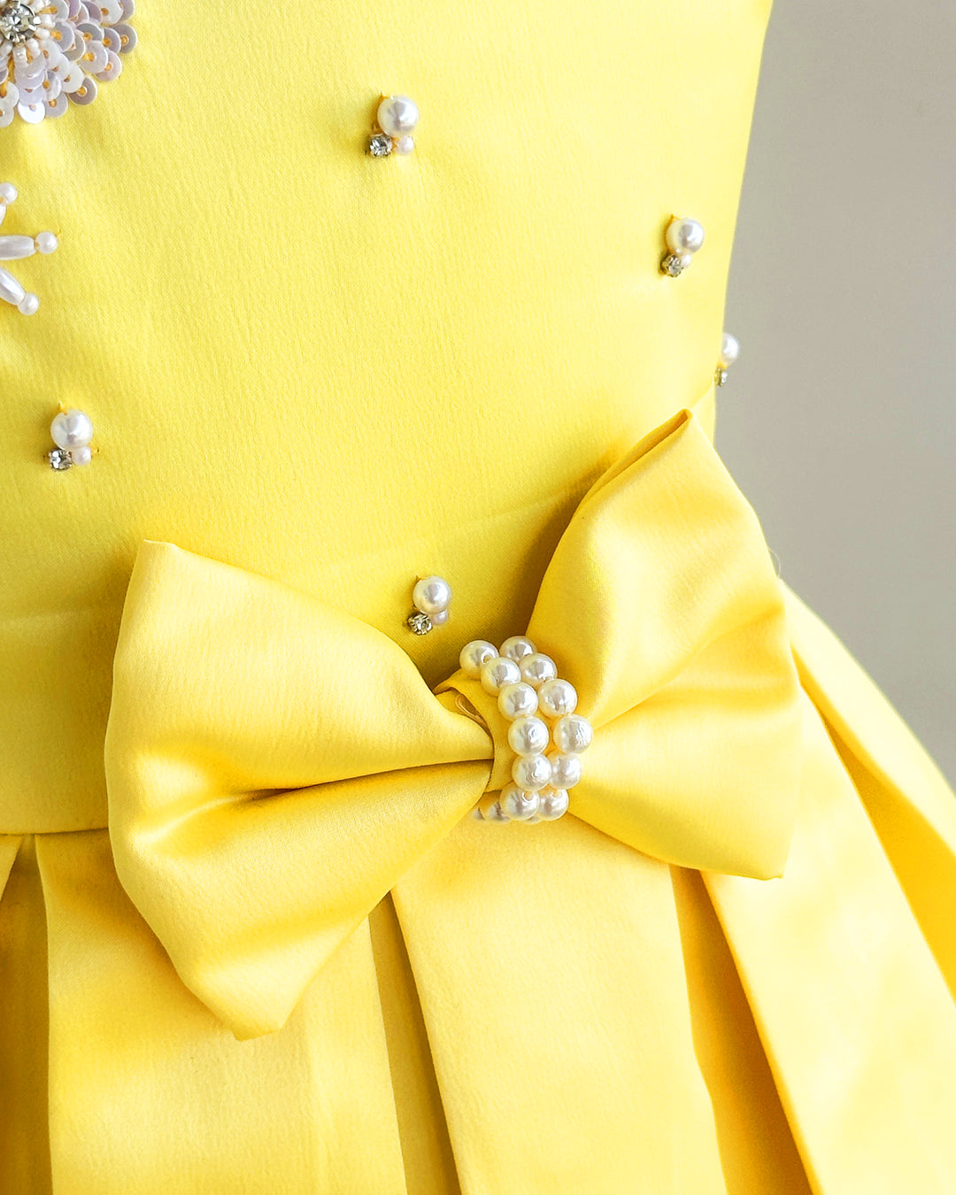 Baby yellow silky satin baby girl birthday dress, western style frock, box pleated birthday dress, kids party wear outfit for girls