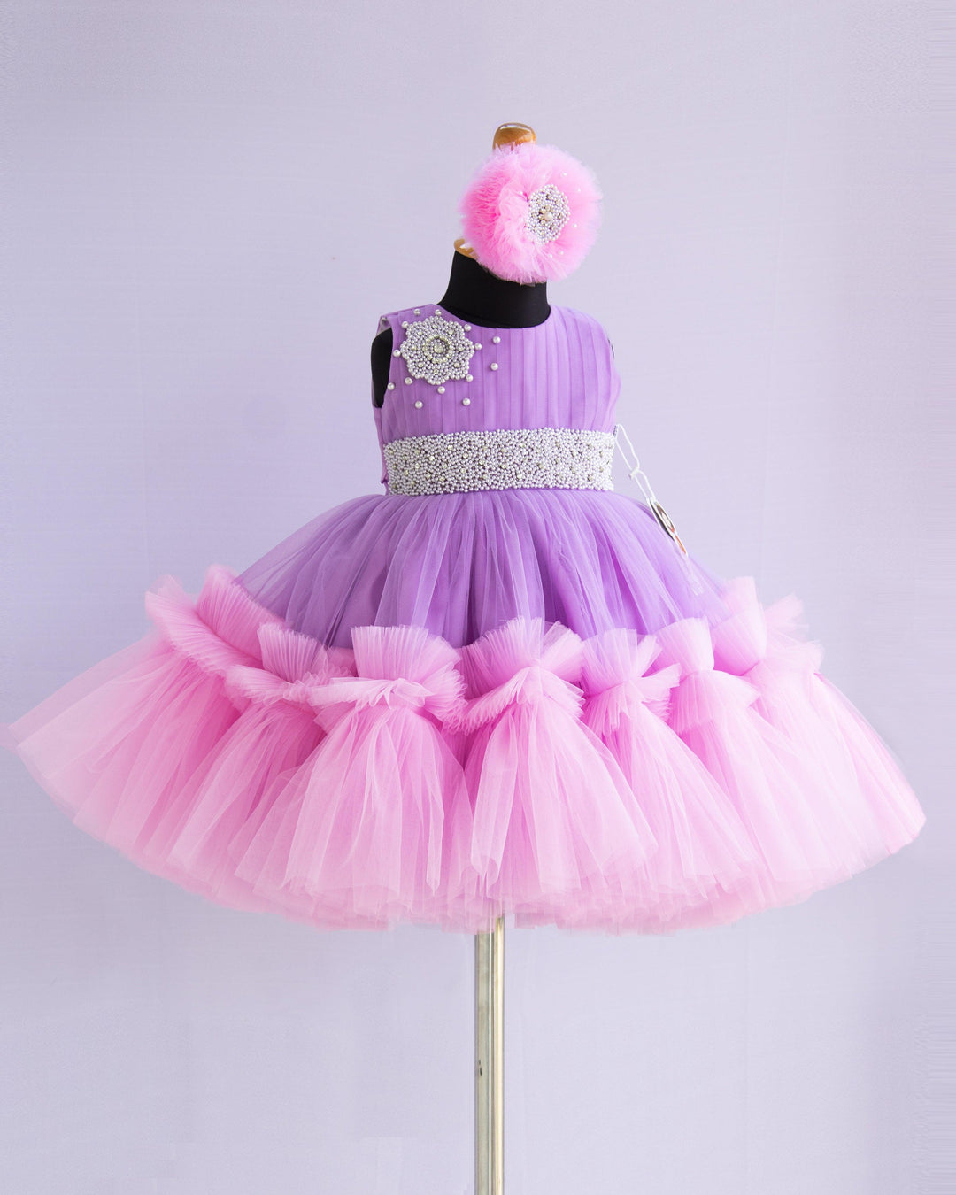Lilac & Baby Pink Combo Handwork Partywear Birthday Frock