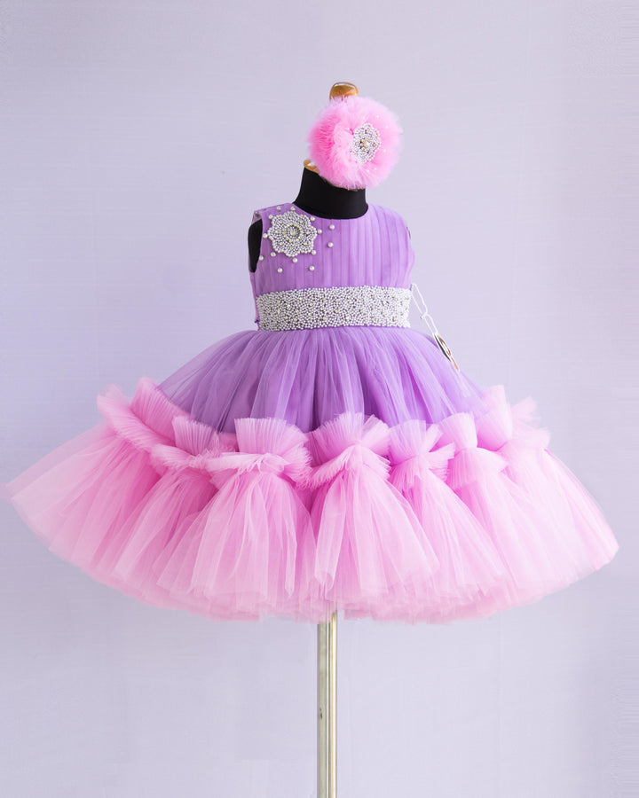 Lilac & Baby Pink Combo Handwork Partywear Birthday Frock