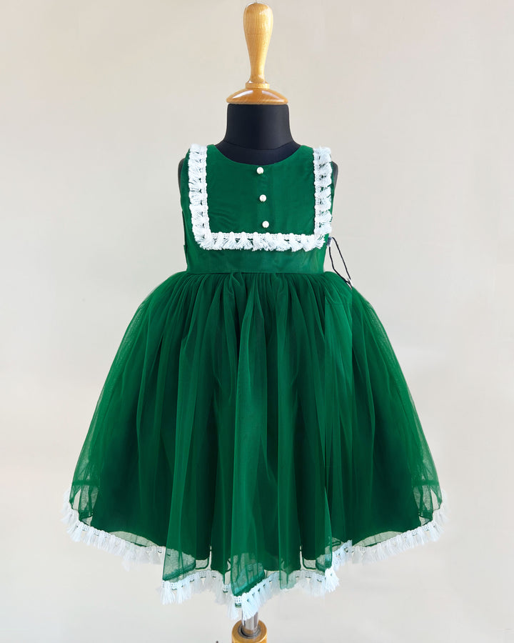 Bottle Green Partywear Baby-Girls Lace Frock -Sample