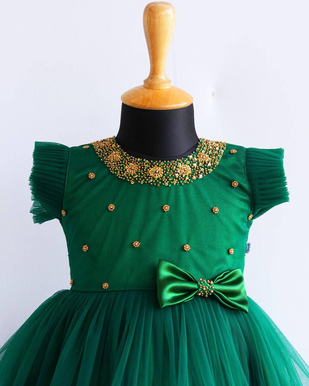 Bottle Green Shade Heavy Ruffles Pleated Handwork Bow Frock