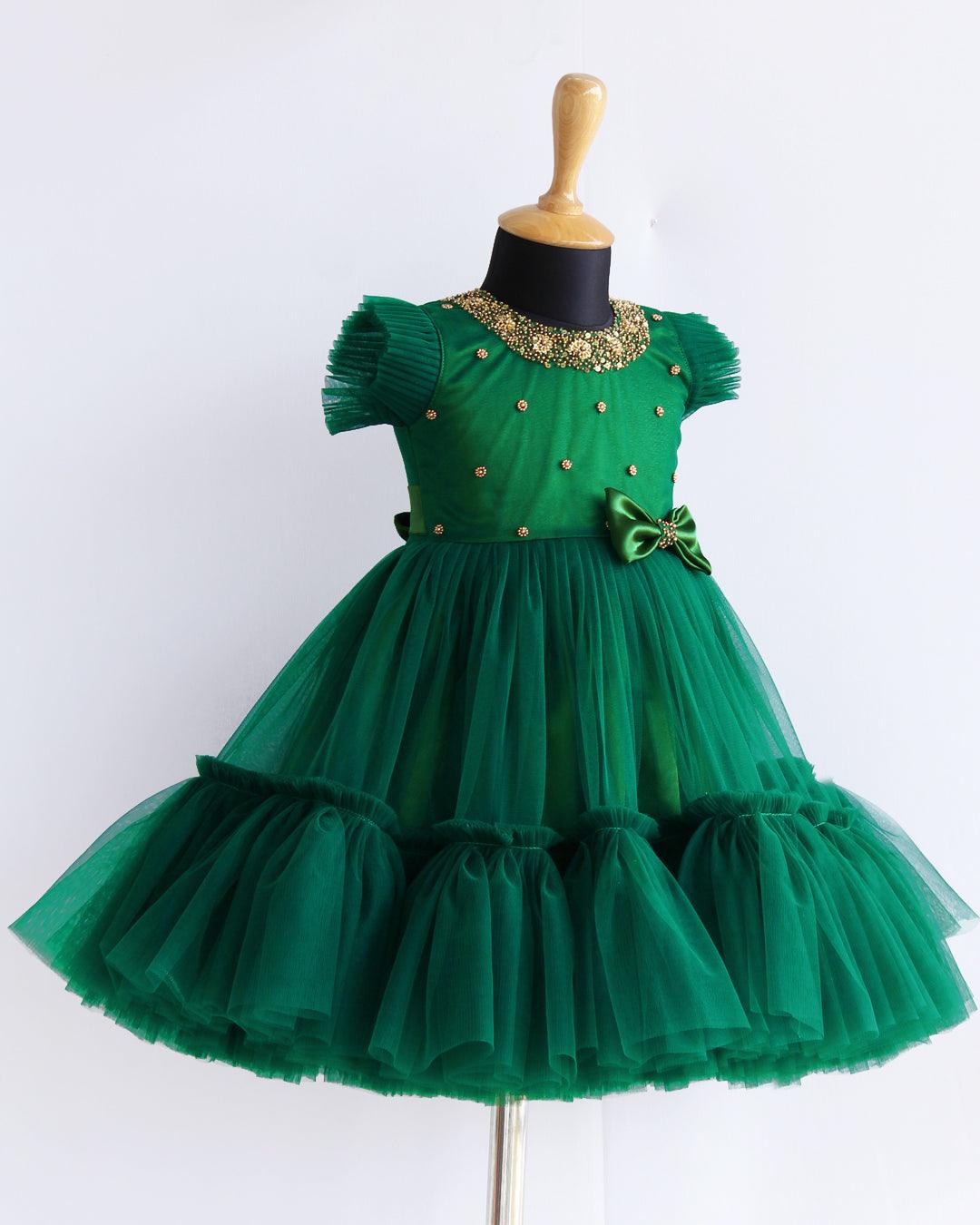 Bottle Green Shade Heavy Ruffles Pleated Handwork Bow Frock - Stanwells Kids