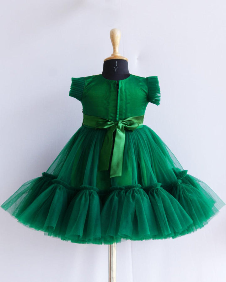 Bottle Green Shade Heavy Ruffles Pleated Handwork Bow Frock - Stanwells Kids