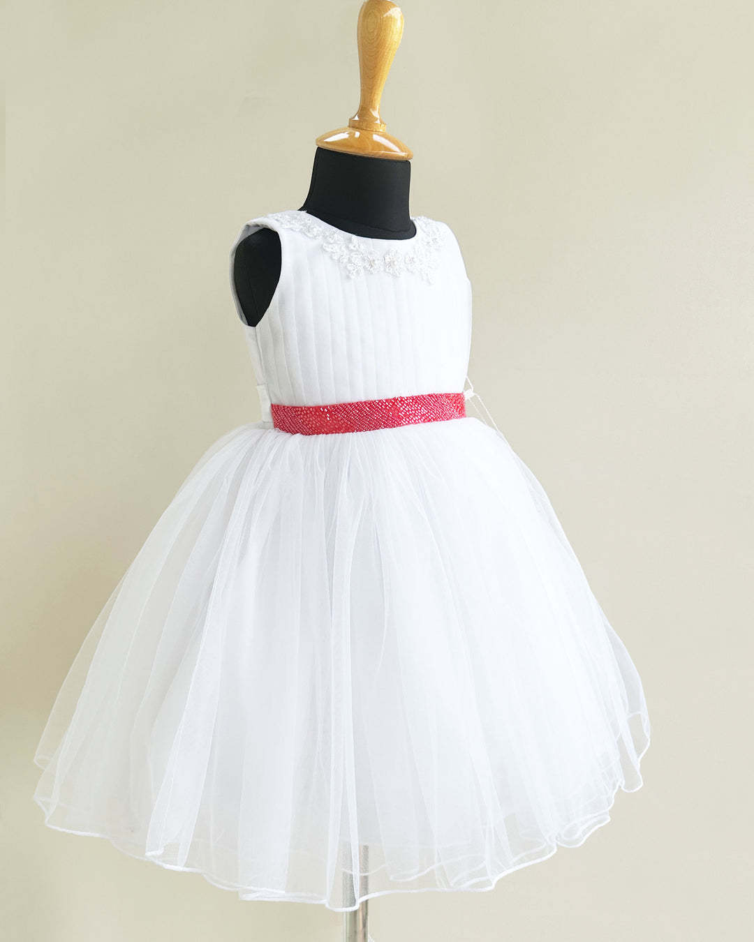 "Christmas special baby girls white pleated sleeveless birthday dress, handwork frock, party dress for girls, festive outfit for toddlers."