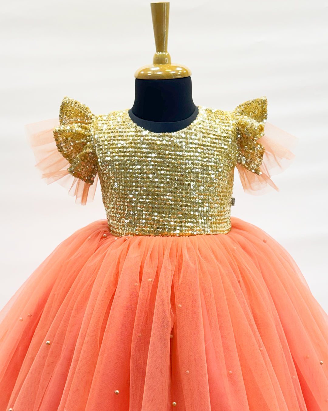 Coral shade golden sequins baby girl birthday dress, designer party wear frock, baby girl birthday outfit, kids party dress