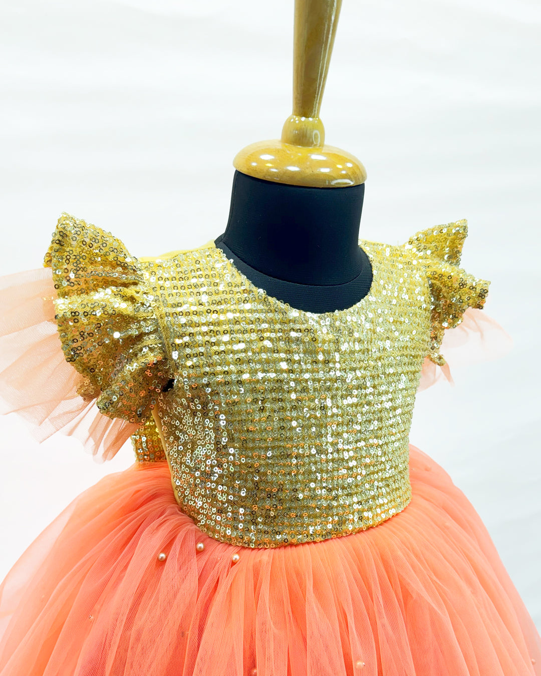 Coral shade golden sequins baby girl birthday dress, designer party wear frock, baby girl birthday outfit, kids party dress