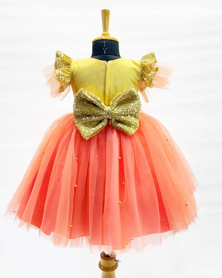 Coral shade golden sequins baby girl birthday dress, designer party wear frock, baby girl birthday outfit, kids party dress