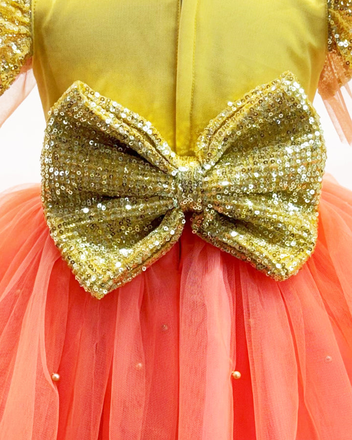 Coral shade golden sequins baby girl birthday dress, designer party wear frock, baby girl birthday outfit, kids party dress