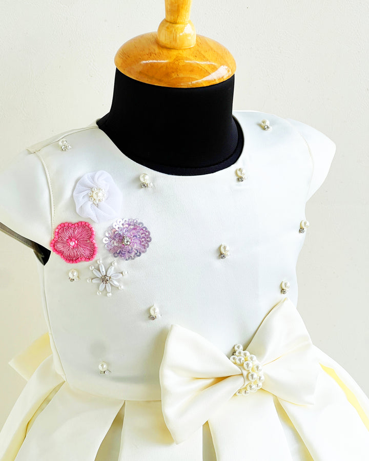 Cream shade silky satin baby girl birthday dress, western style frock, kids party wear dress, box pleated birthday outfit for girls