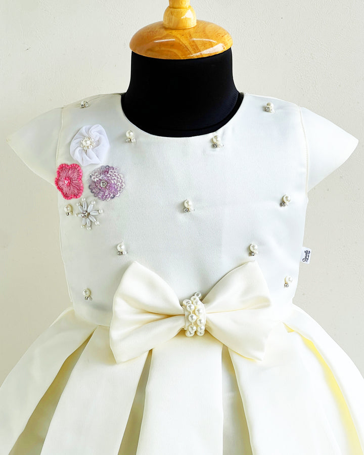 Cream shade silky satin baby girl birthday dress, western style frock, kids party wear dress, box pleated birthday outfit for girls