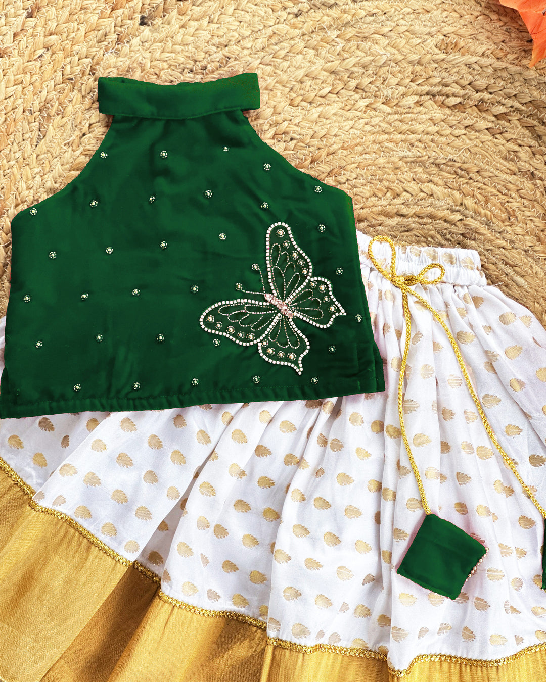 Baby girl birthday dress bottle green Kerala kasavu lehenga choli