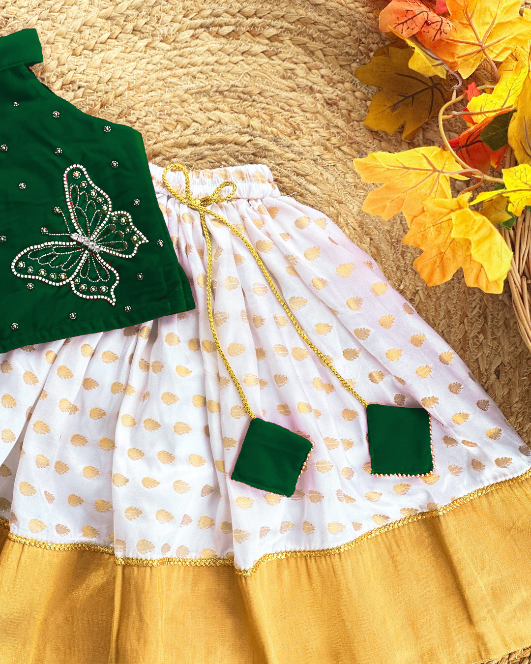 Baby girl birthday dress bottle green Kerala kasavu lehenga choli