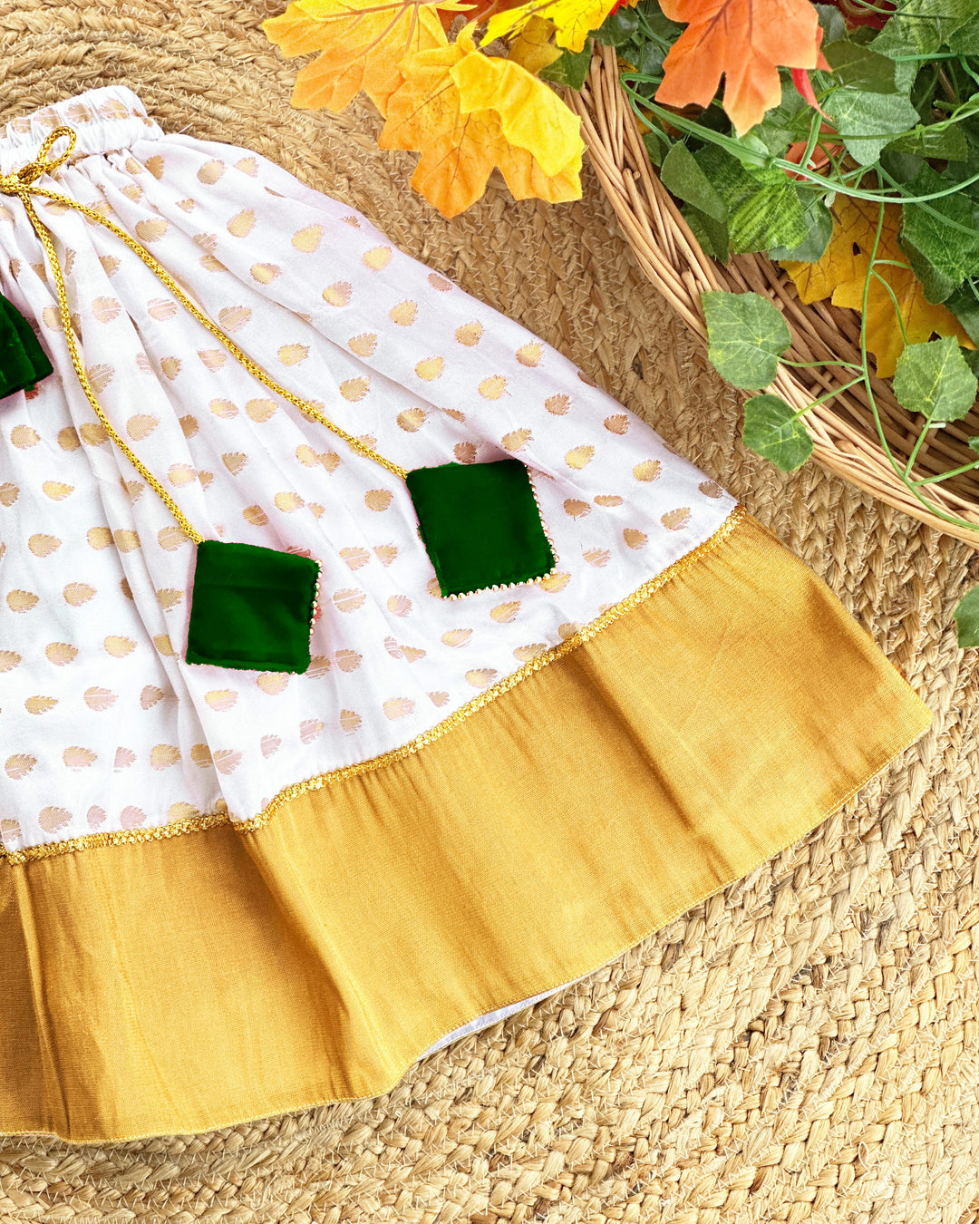 Baby girl birthday dress bottle green Kerala kasavu lehenga choli