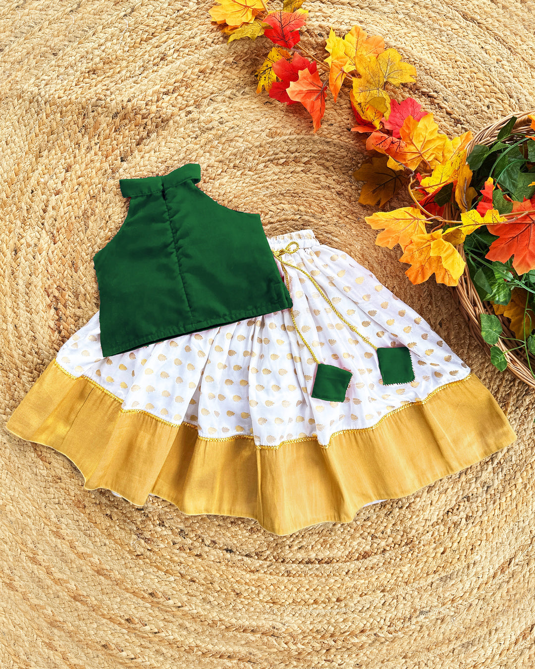 Baby girl birthday dress bottle green Kerala kasavu lehenga choli