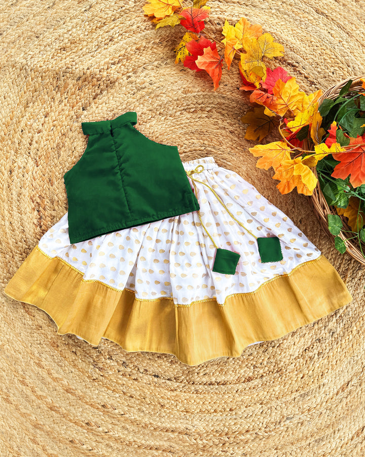 Baby girl birthday dress bottle green Kerala kasavu lehenga choli