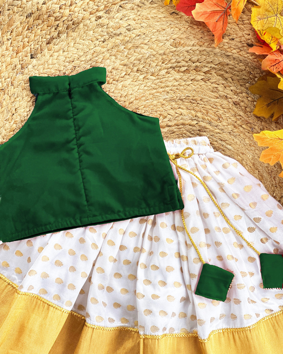 Baby girl birthday dress bottle green Kerala kasavu lehenga choli