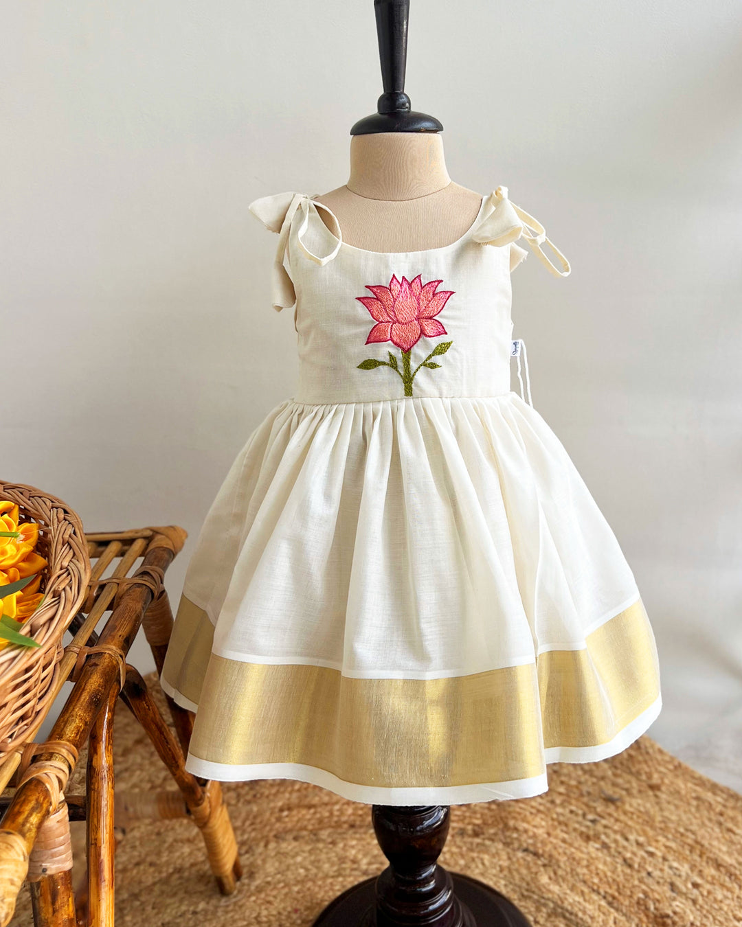 Baby girl Kerala kasavu birthday dress Cream and gold lotus embroidery frock  Traditional kettuduppu dress for baby girls Stanwells kids