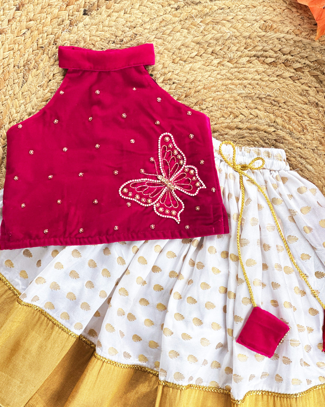 Baby girls cream pink birthday dress, Onam lehenga choli, butterfly handwork