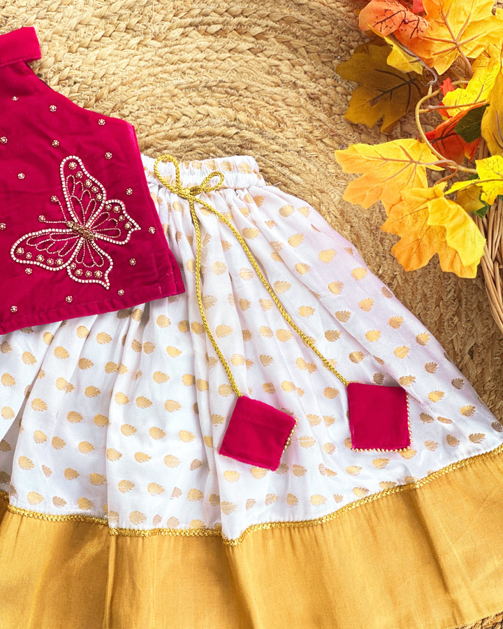 Baby girls cream pink birthday dress, Onam lehenga choli, butterfly handwork