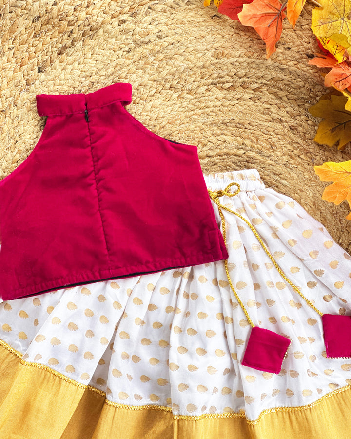 Baby girls cream pink birthday dress, Onam lehenga choli, butterfly handwork