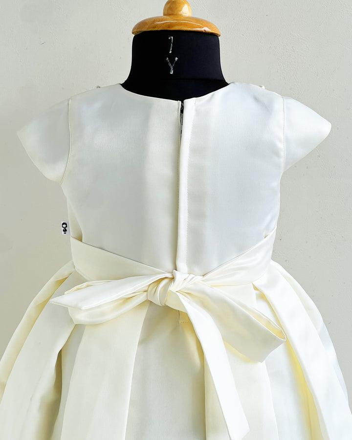 Cream shade silky satin baby girl birthday dress, western style frock, kids party wear dress, box pleated birthday outfit for girls