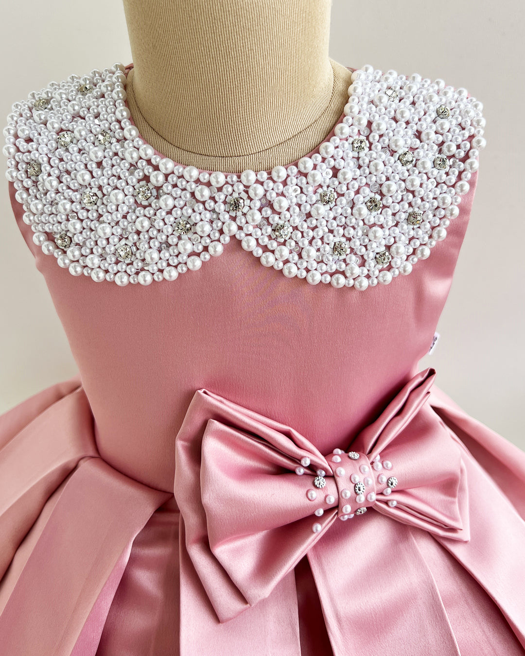 Dust pink satin baby girl birthday dress, premium bow frock, handwork party wear dress, kids birthday outfit for girls