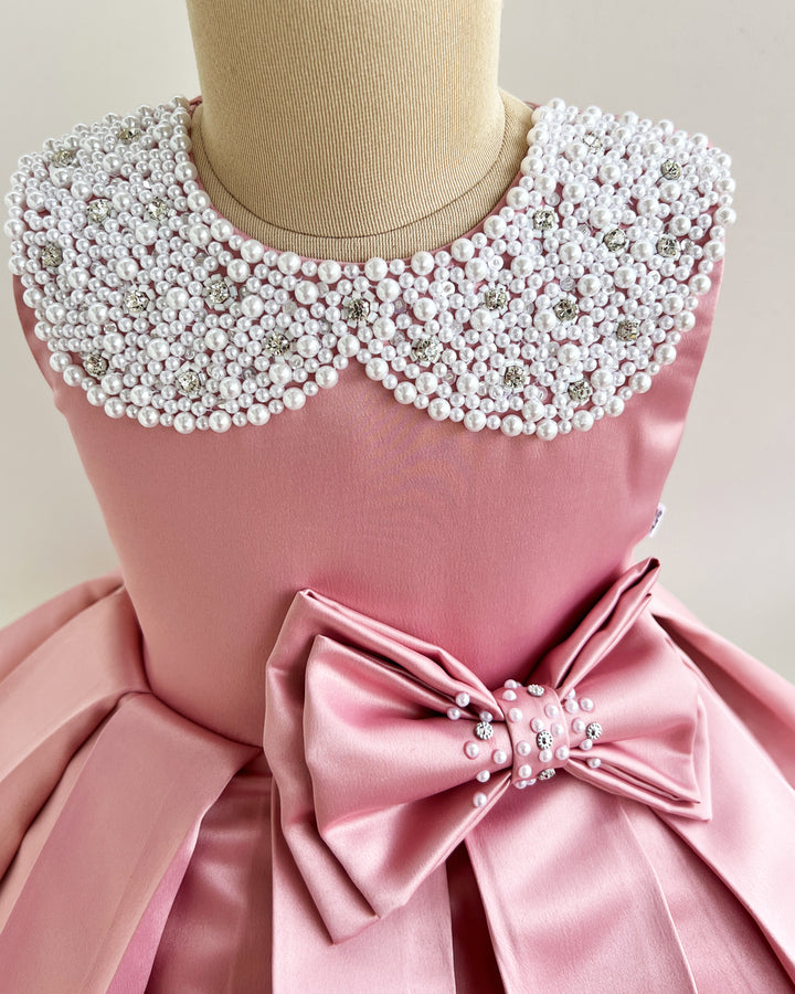 Dust pink satin baby girl birthday dress, premium bow frock, handwork party wear dress, kids birthday outfit for girls