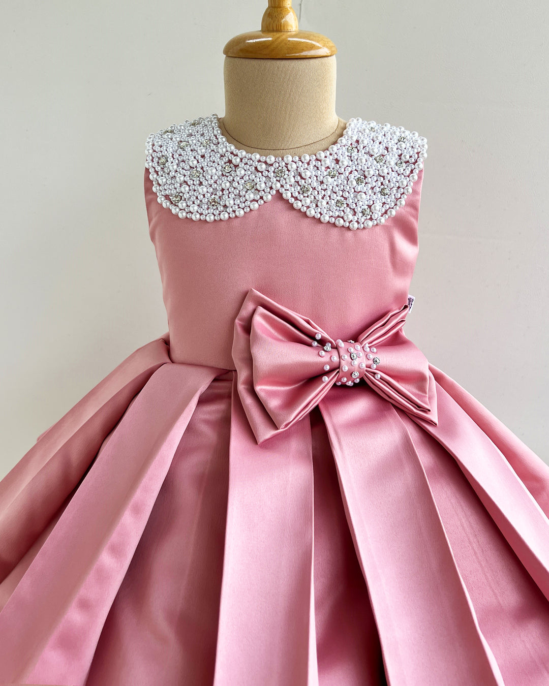Dust pink satin baby girl birthday dress, premium bow frock, handwork party wear dress, kids birthday outfit for girls