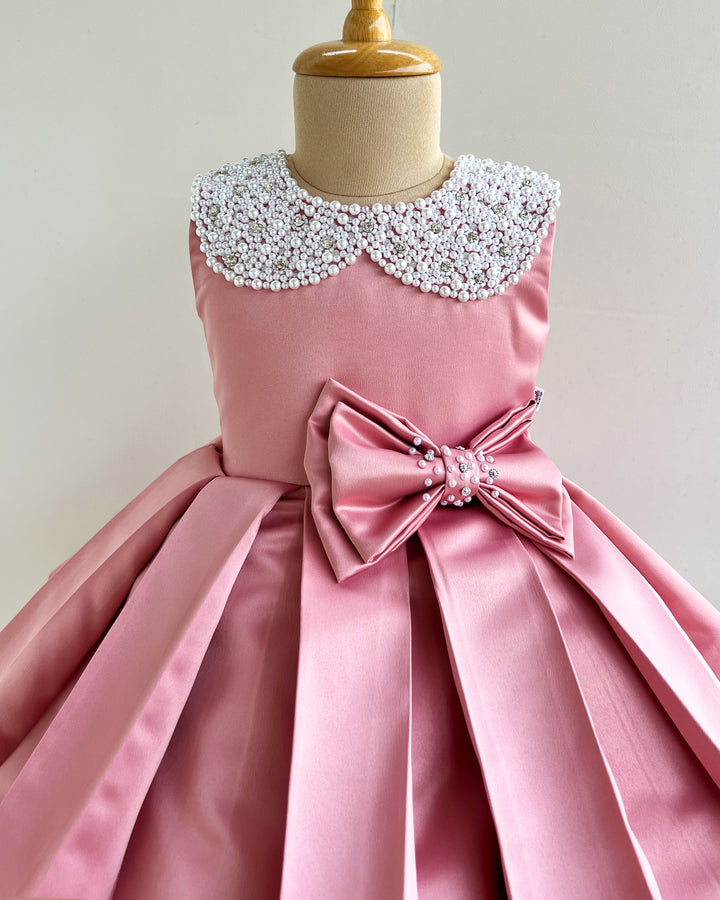 Dust pink satin baby girl birthday dress, premium bow frock, handwork party wear dress, kids birthday outfit for girls