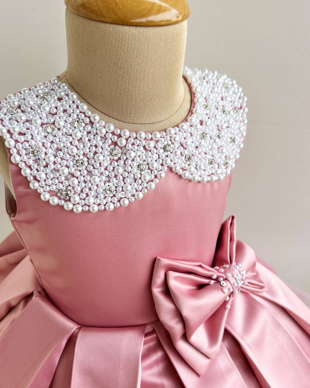 Dust pink satin baby girl birthday dress, premium bow frock, handwork party wear dress, kids birthday outfit for girls